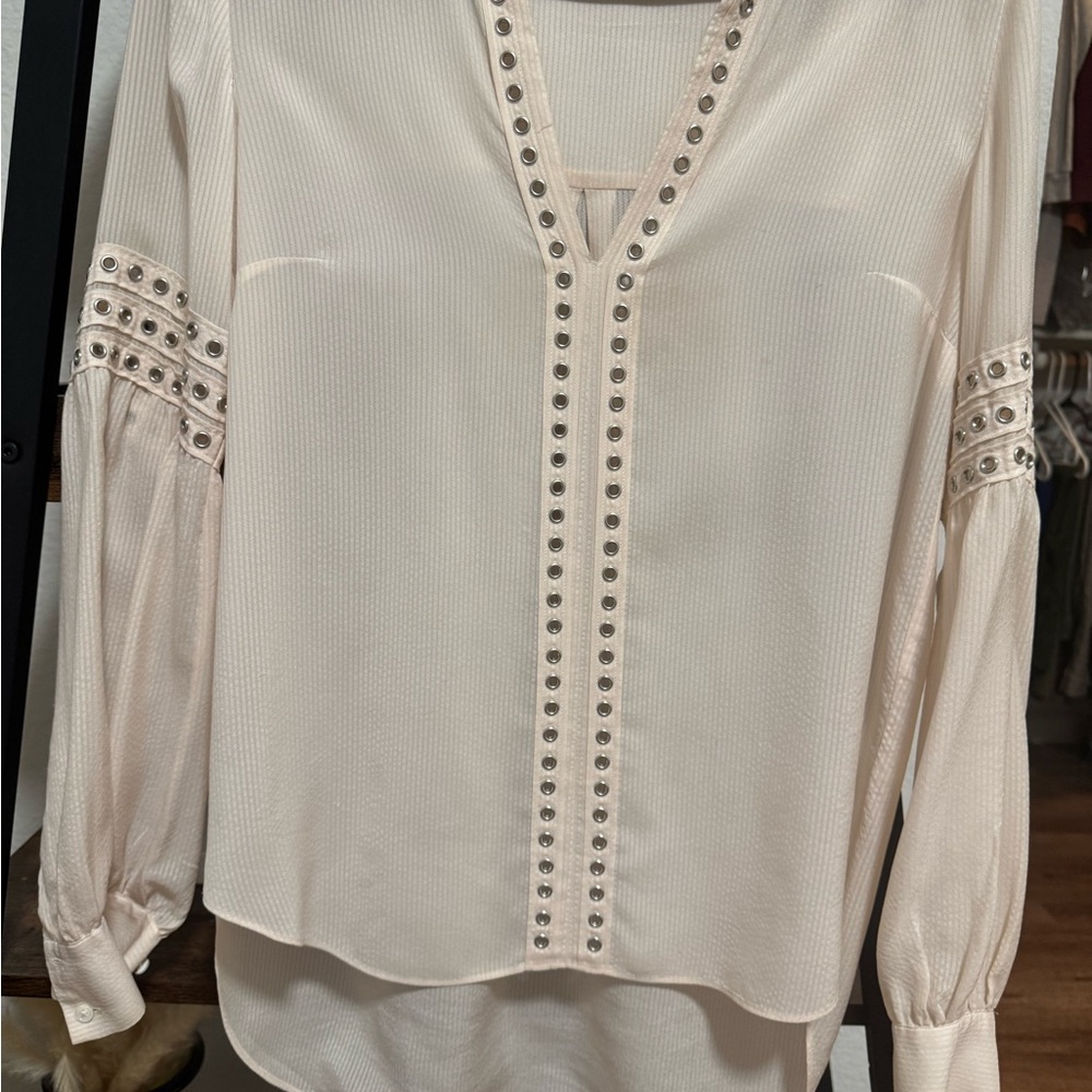 Veronica Beard Silk Blouse Cream Studded Trim Long Sleeve Boho Top - Picture 3 of 11